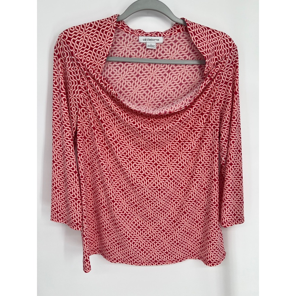 Liz Claiborne Red White Geometric Cowl Neck Top 3/4 Sleeve Blouse Large